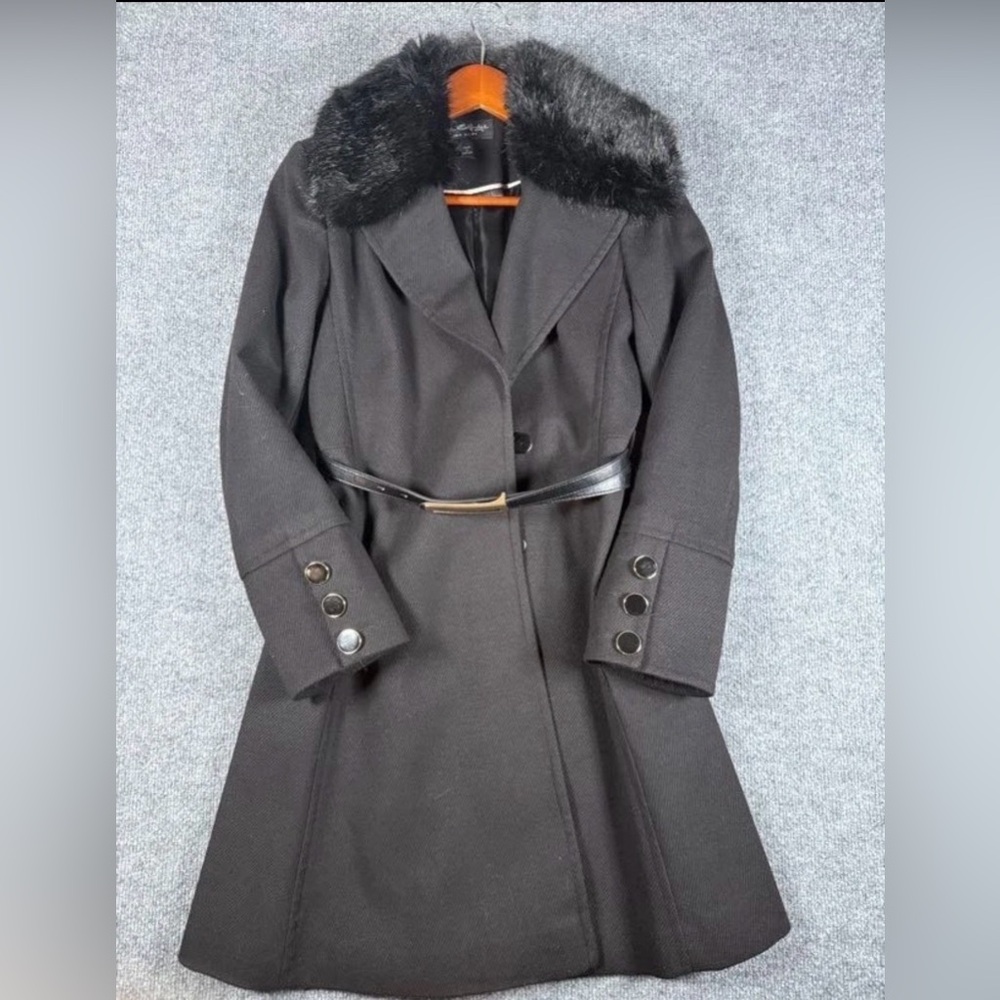 Miss Selfridge Black Wool Belted Coat – Faux Fur Collar | US Size 4 - RARE FIND